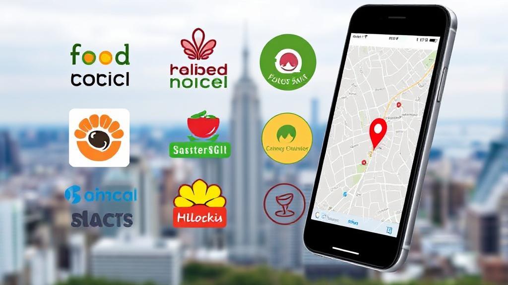 A collage of various food delivery service logos with a background of a cityscape and a smartphone displaying a map.