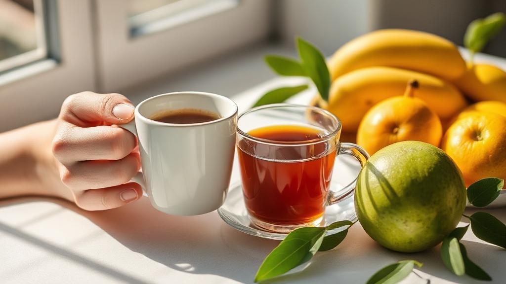 A calm morning scene with a person swapping a cup of coffee for herbal tea, surrounded by fresh fruit and sunlight.