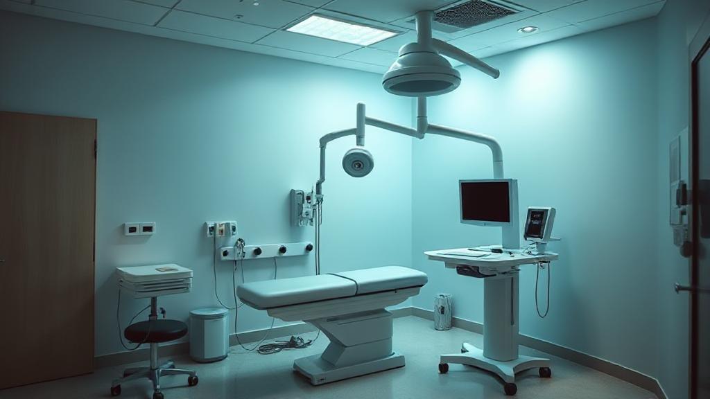 A serene, softly lit medical examination room with a colonoscopy machine and a comforting atmosphere.