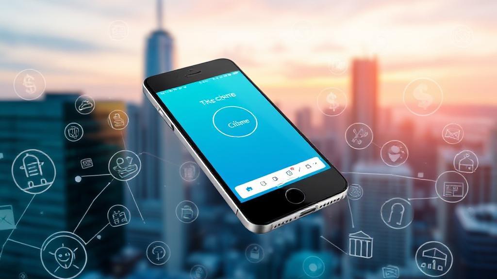 A sleek smartphone displaying the Chime app interface, set against a backdrop of digital financial icons and a modern cityscape.
