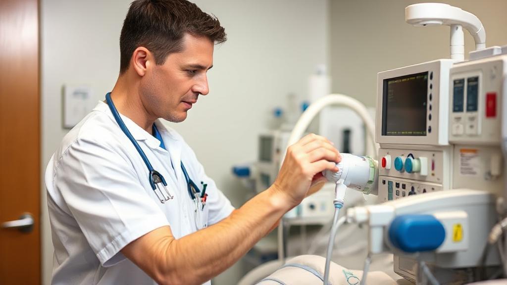 A professional respiratory therapist in a hospital setting, adjusting a ventilator machine with a focused expression.