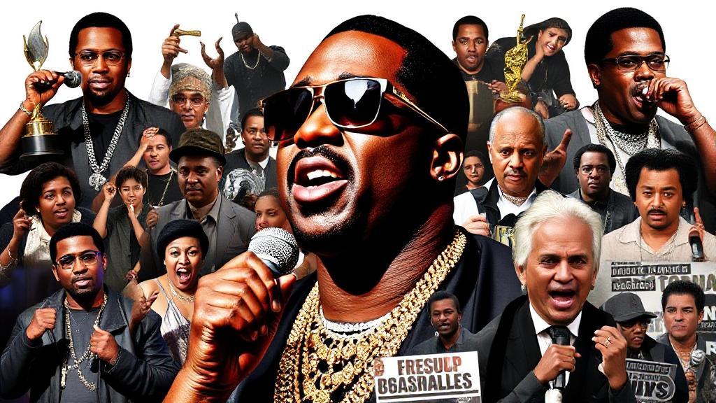 A dynamic collage featuring Puff Daddy's iconic moments, from award-winning performances to headline-making controversies.
