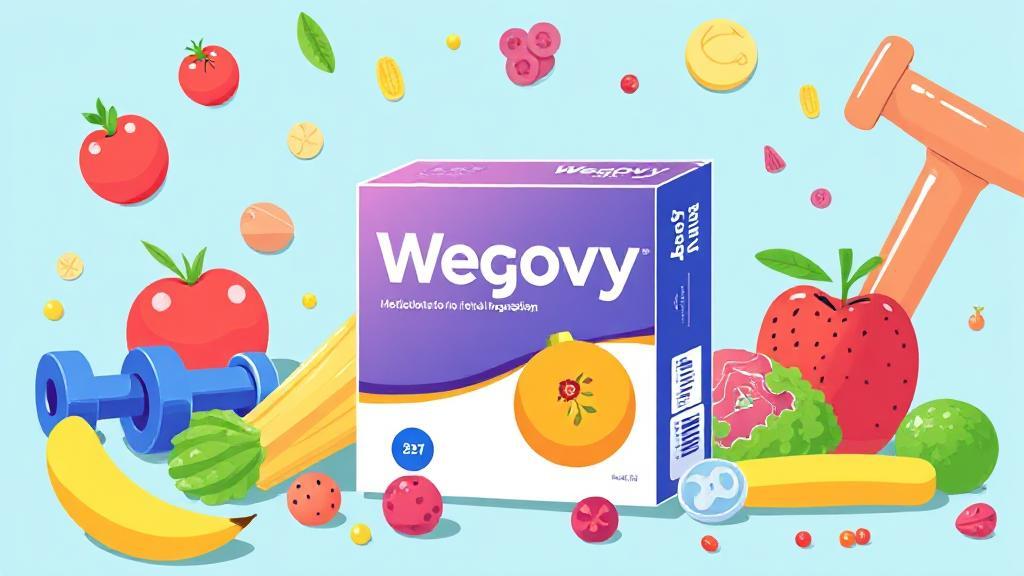 A vibrant illustration of a Wegovy medication box surrounded by healthy foods and exercise equipment, symbolizing weight loss and wellness.