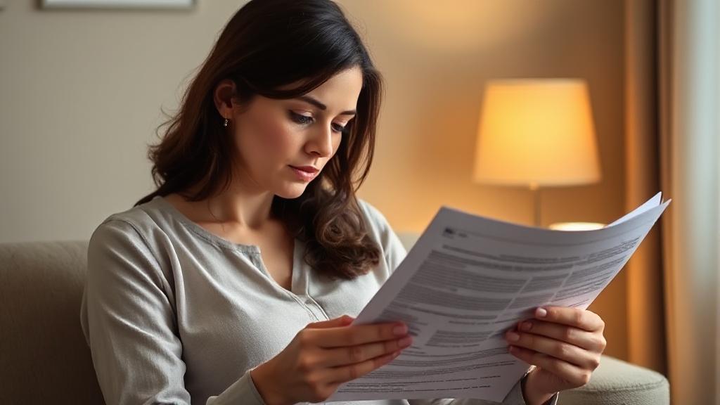 A thoughtful depiction of a woman reviewing medical bills and documents, symbolizing the financial considerations of undergoing a hysterectomy.