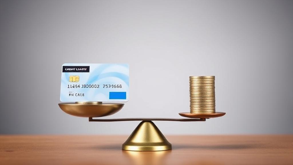 A balanced scale with a credit card on one side and a stack of coins on the other, symbolizing the equilibrium needed for an ideal credit limit.