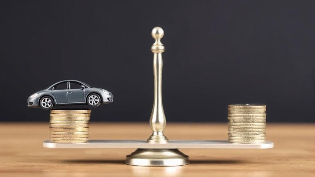 A balanced scale weighing a car against a stack of coins, symbolizing the evaluation of car insurance costs.
