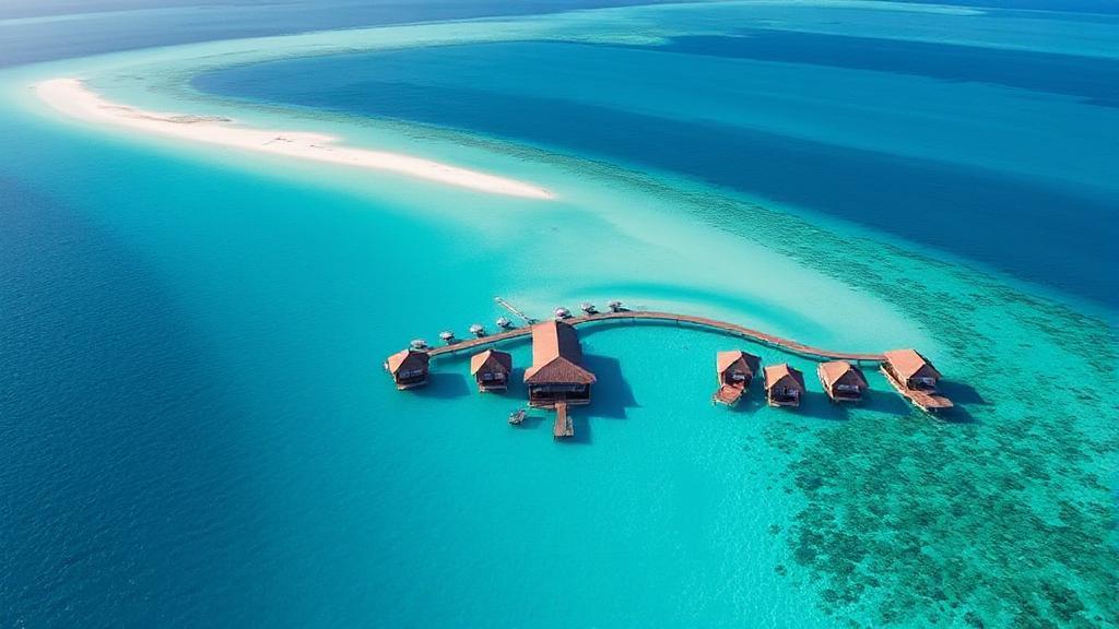 A breathtaking aerial view of a pristine beachfront Sandals resort, showcasing luxurious overwater bungalows and crystal-clear turquoise waters.