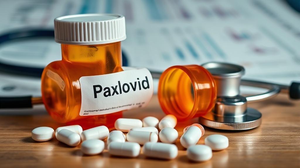 A close-up image of a prescription pill bottle labeled "Paxlovid" with scattered pills, set against a backdrop of medical charts and a stethoscope.