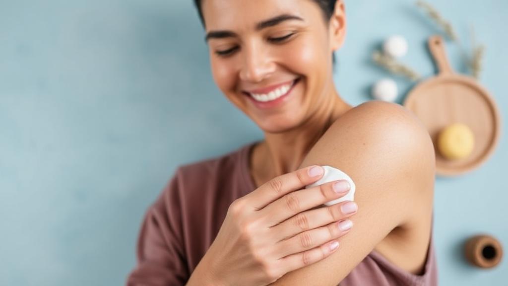 A calm, smiling person gently applying moisturizer to their arm, with soothing blue tones and natural elements in the background, symbolizing relief and effective eczema management.