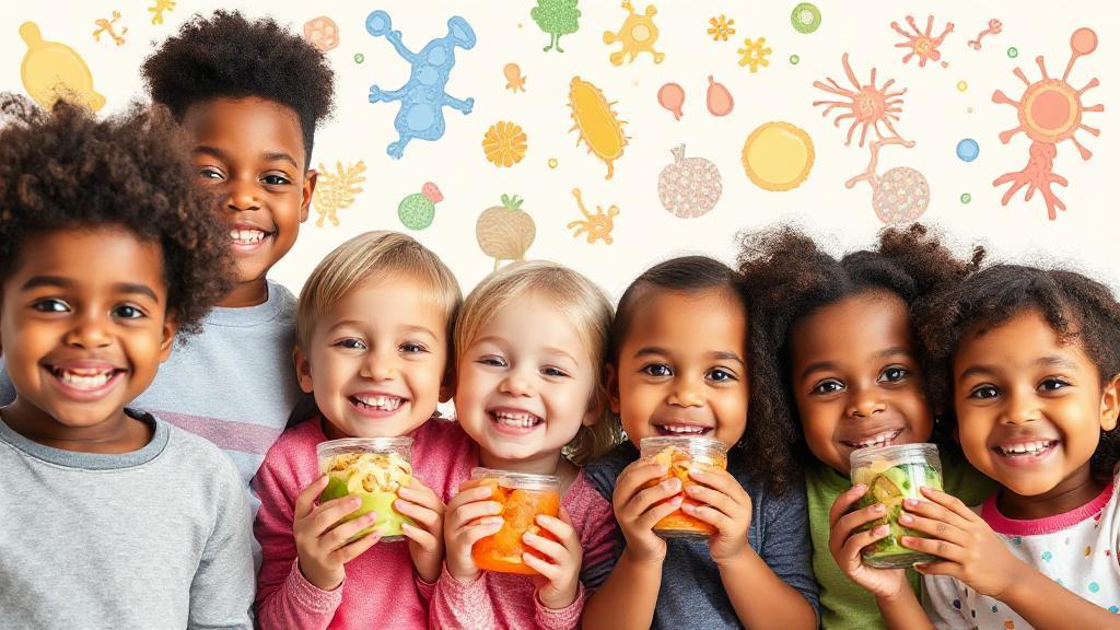 A cheerful group of diverse children enjoying healthy snacks, with colorful illustrations of friendly probiotic bacteria in the background.