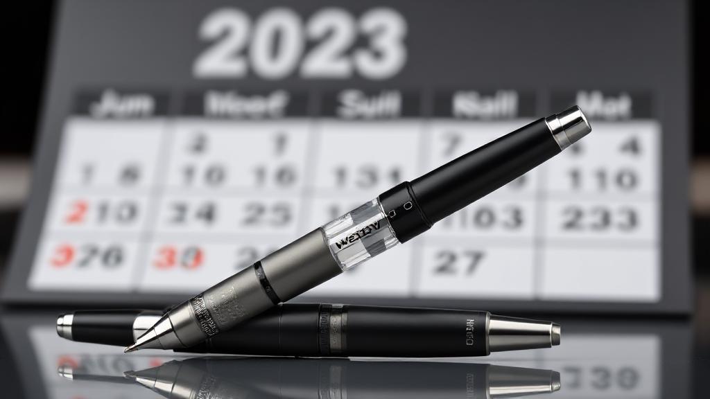 A sleek, modern image of a Wegovy injection pen set against a backdrop of a calendar marked with 2023 dates.