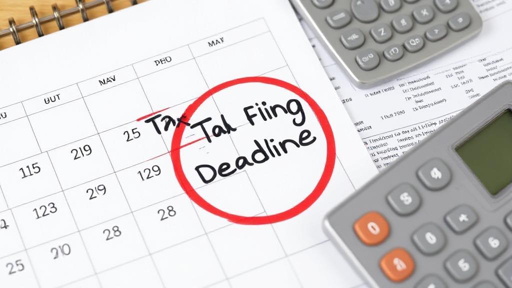 A calendar marked with a red circle around the tax filing deadline date, accompanied by a calculator and tax forms.