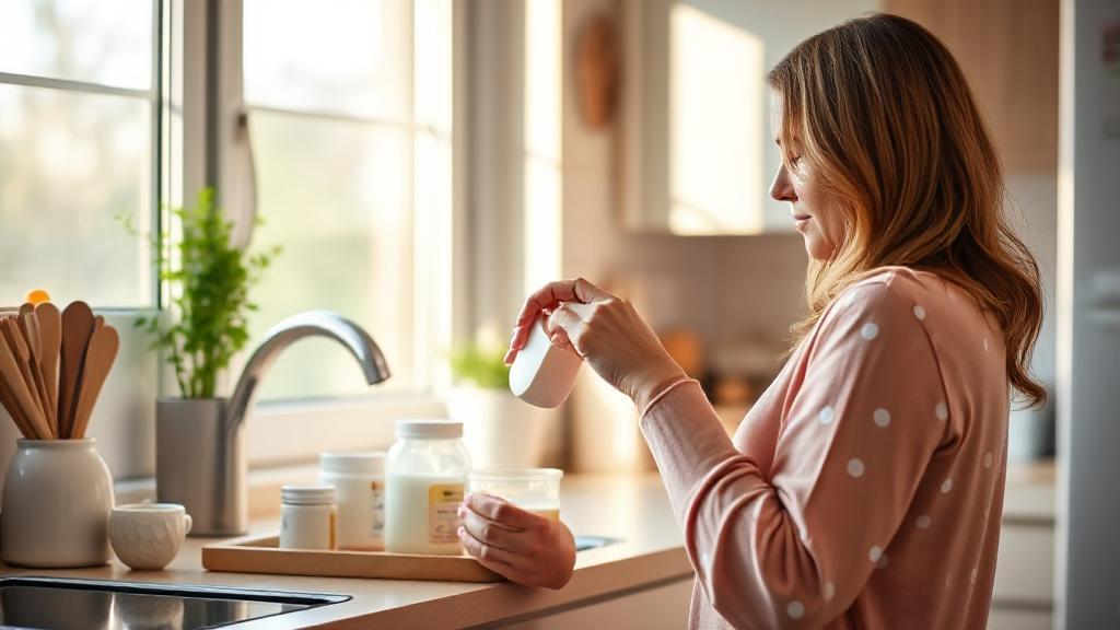 A serene image of a mother measuring baby formula in a cozy kitchen setting, with soft pastel colors and gentle morning light streaming through the window.