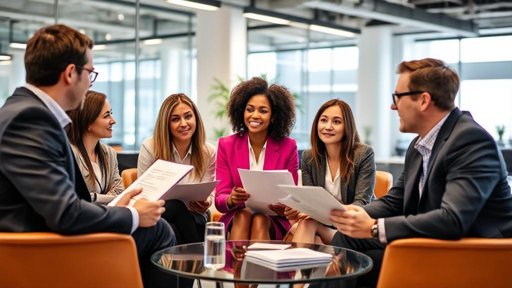 A diverse group of financial advisors discussing investment strategies in a modern office setting.