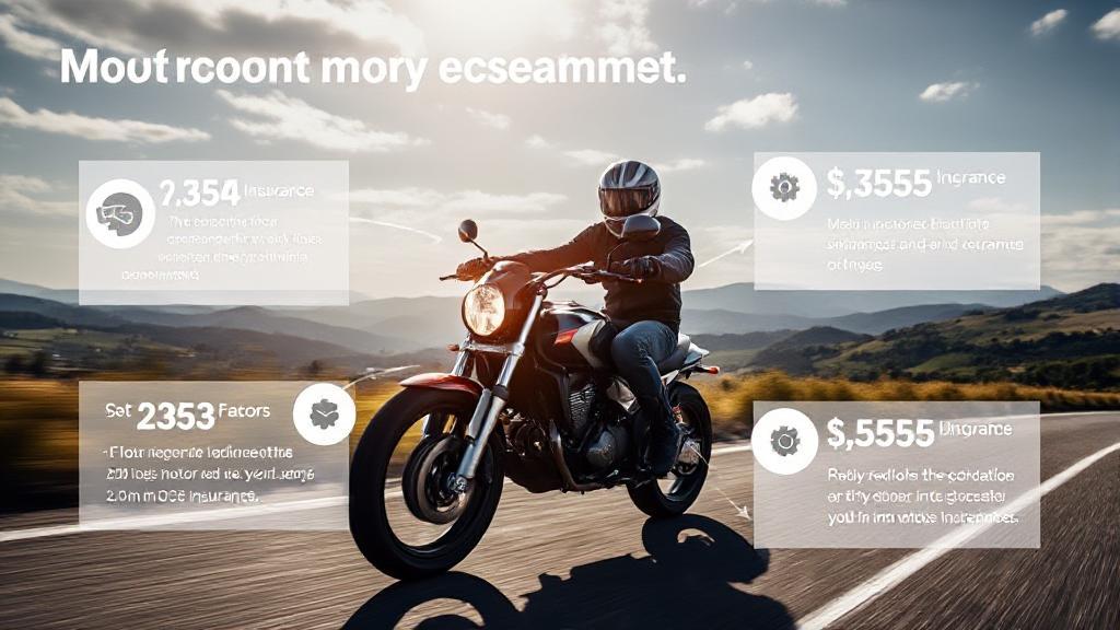 A dynamic image of a motorcyclist riding through a scenic landscape, with overlay graphics illustrating various factors affecting motorcycle insurance costs.
