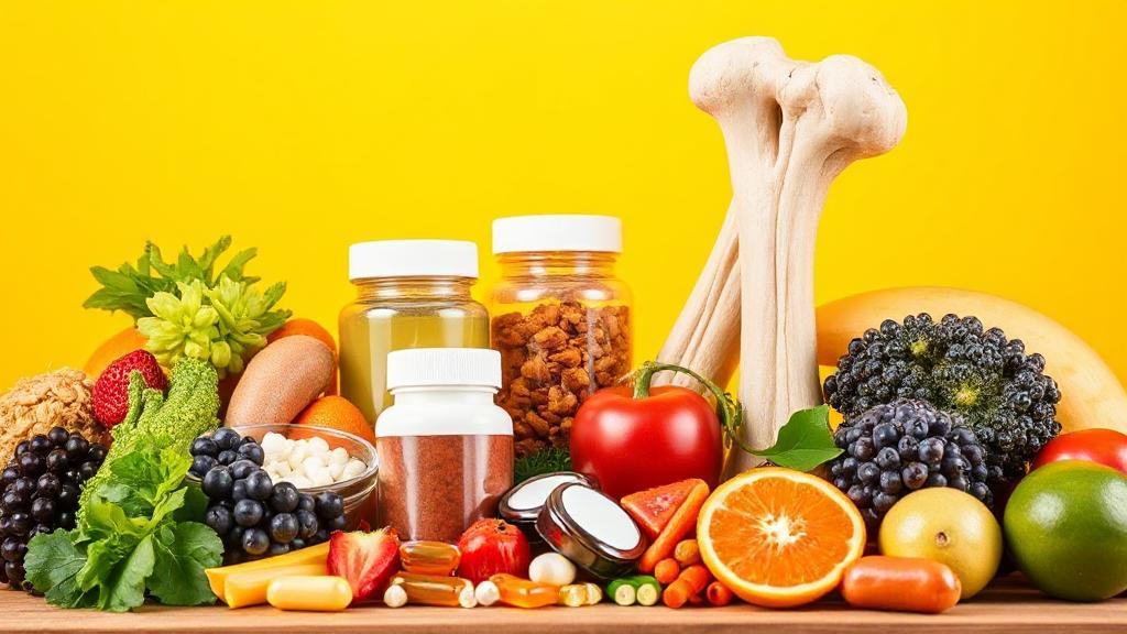 A vibrant assortment of vitamin-rich foods, supplements, and a pair of strong, healthy bones highlighted against a bright, uplifting background.