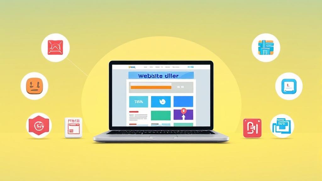 A vibrant header image featuring a laptop displaying a website builder interface, surrounded by icons representing various free web design tools and platforms.