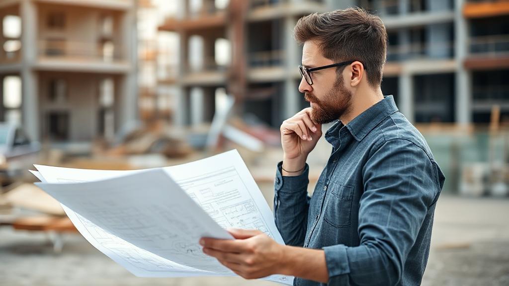 A thoughtful architect reviewing blueprints at a construction site, symbolizing the blend of creativity and technical expertise in architectural design.