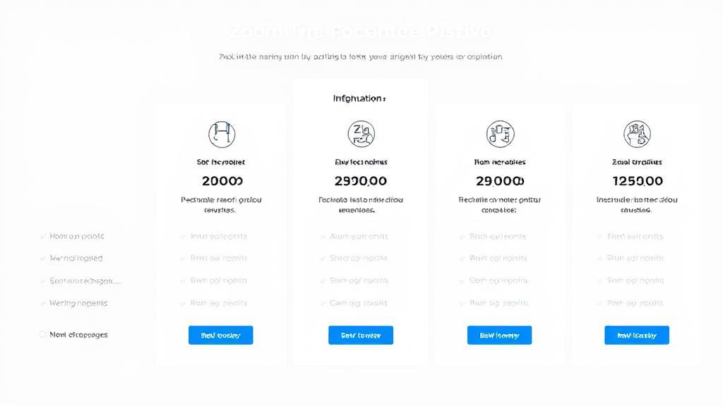 A sleek, modern graphic illustrating various Zoom pricing tiers with icons representing features and costs.