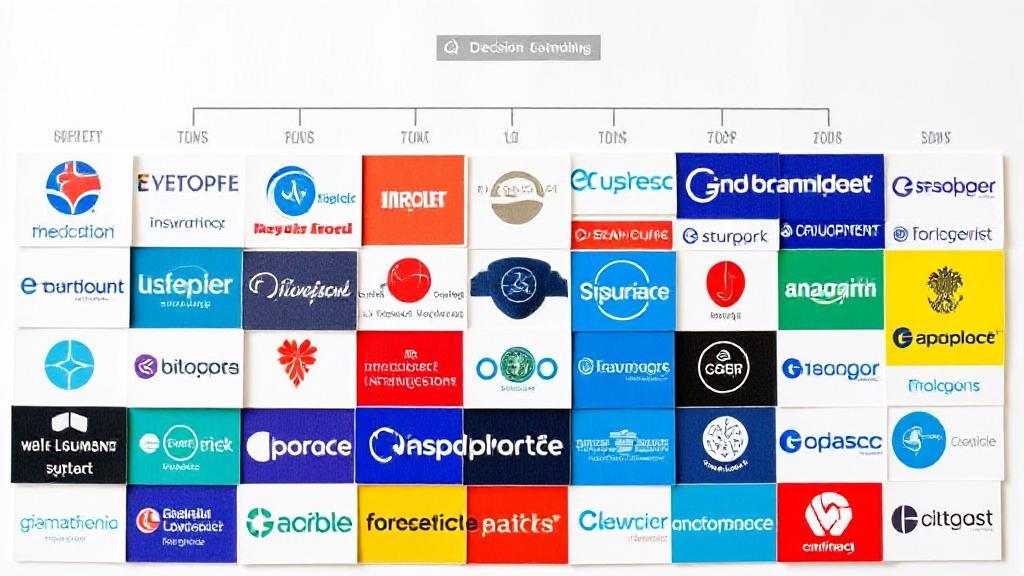 A collage of diverse insurance company logos set against a backdrop of a decision-making flowchart.