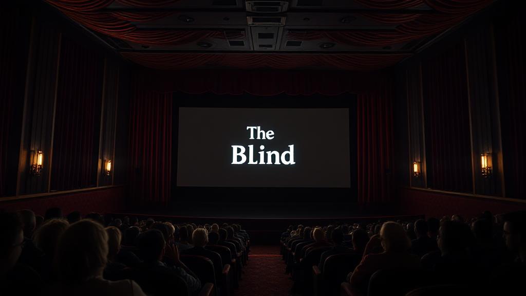 A captivating header image featuring a dimly lit theater with a glowing screen displaying the title "The Blind," surrounded by eager moviegoers settling into their seats.