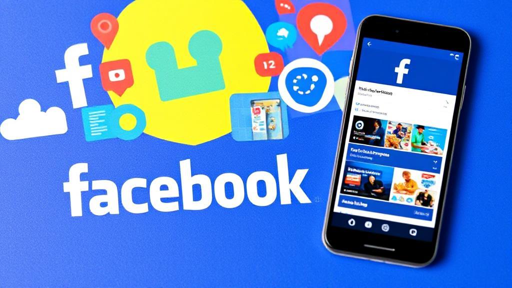 A vibrant collage of Facebook's logo, digital marketing icons, and a smartphone displaying an ad campaign dashboard.
