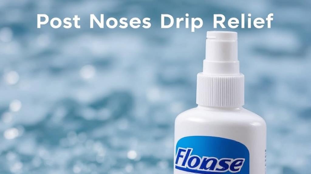 A close-up image of a nasal spray bottle labeled "Flonase" with a subtle background of flowing water to symbolize post nasal drip relief.