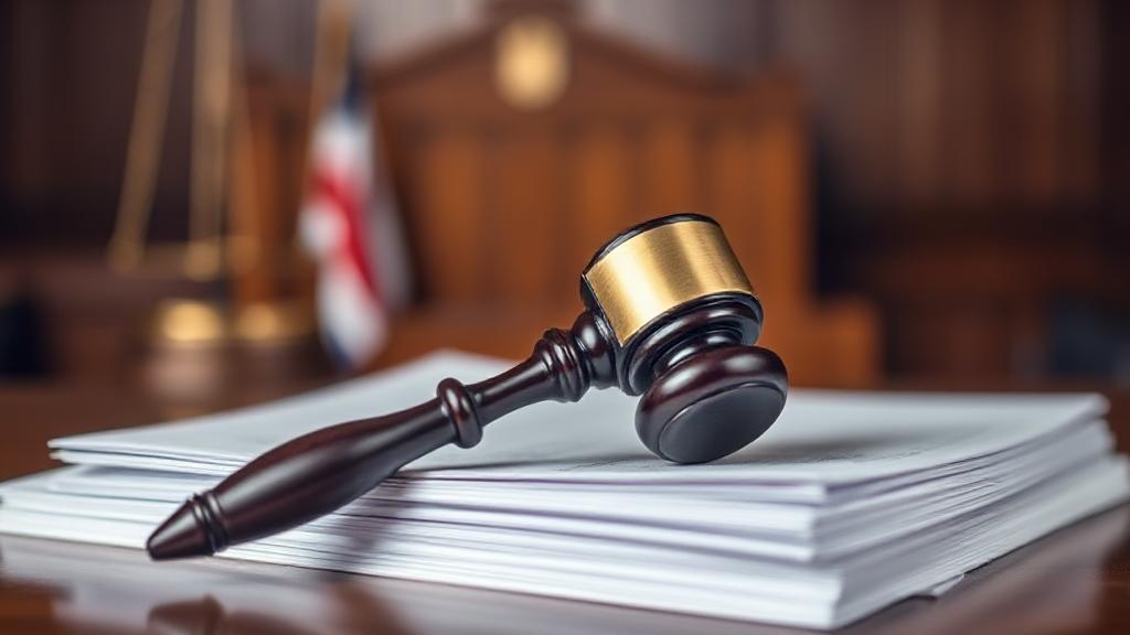 A gavel resting on a stack of legal documents with a blurred background of a courtroom setting.