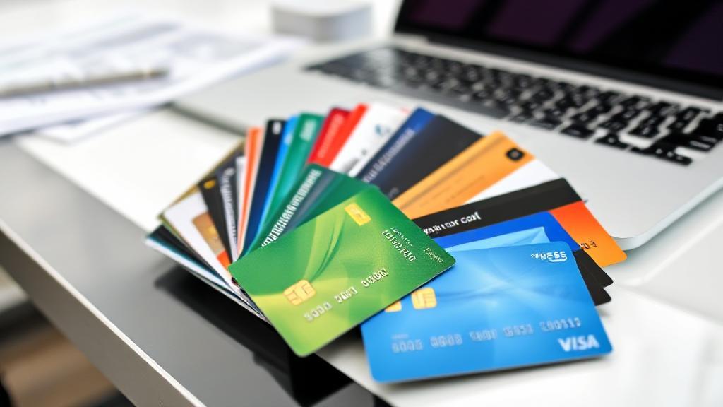 A collage of various business credit cards fanned out on a sleek, modern desk with a laptop and financial documents in the background.