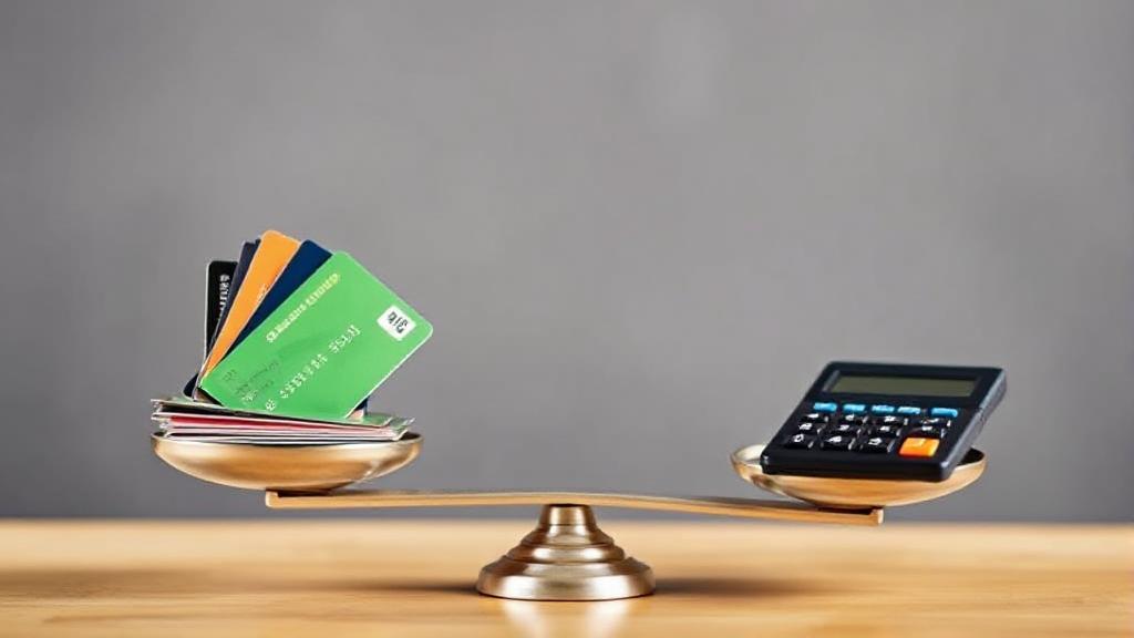 A balanced scale with credit cards on one side and a calculator on the other, symbolizing the decision-making process in managing multiple lines of credit.