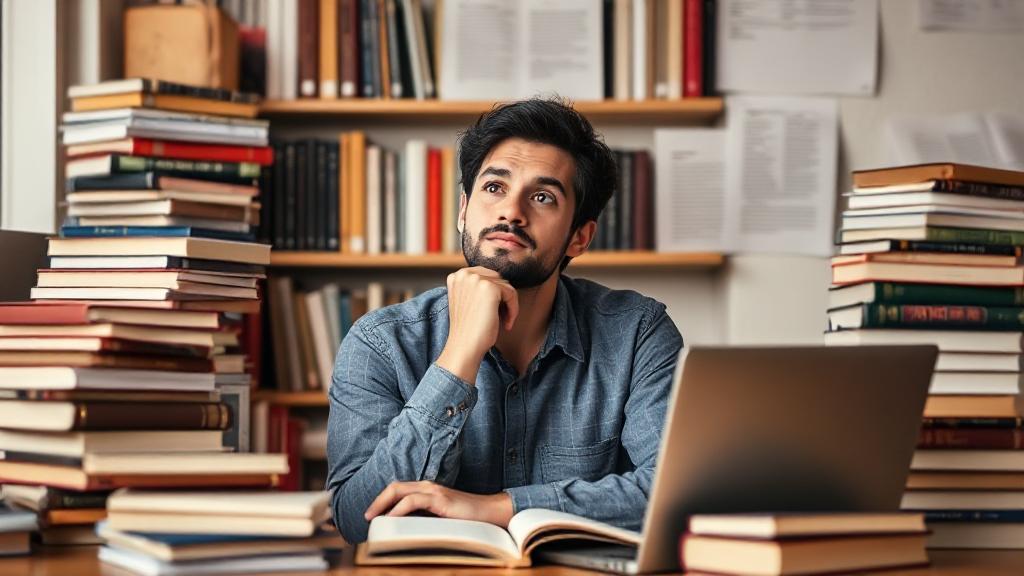 A thoughtful student surrounded by books and a laptop, contemplating the path from a master's degree to a PhD.