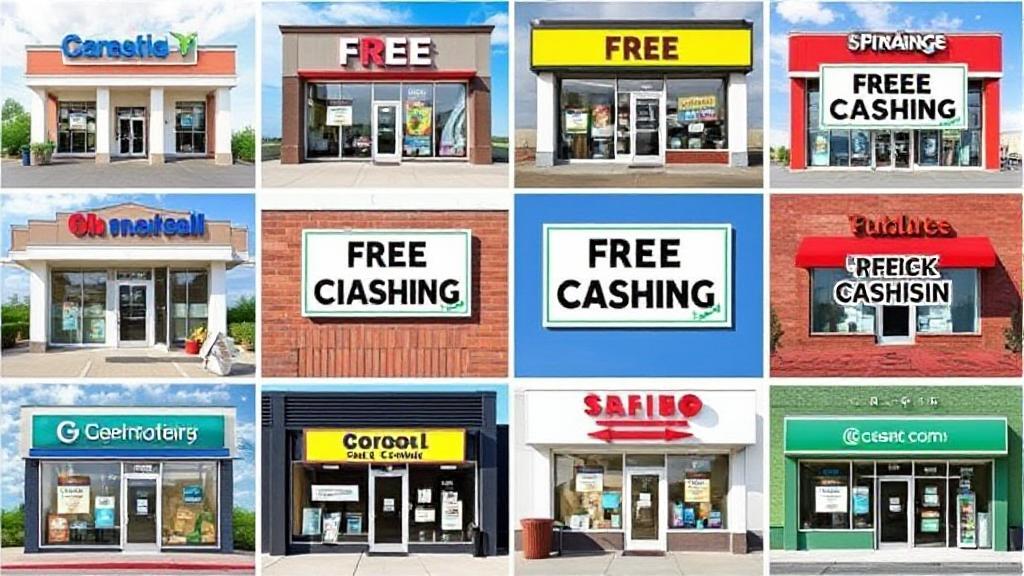 A vibrant collage of various financial institutions and retail stores, each with a prominent "Free Check Cashing" sign, symbolizing accessible banking options.