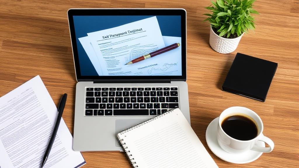 A professional workspace with a laptop displaying legal documents, a notepad, and a cup of coffee, symbolizing self-management and business responsibility.