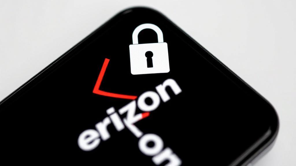 A close-up image of a smartphone displaying the Verizon logo, with an unlocked padlock icon hovering above the screen.