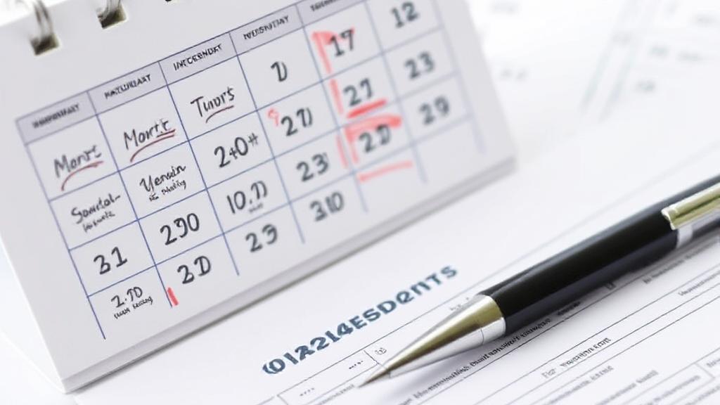 A calendar marked with important tax deadlines and a pen resting on a tax form, symbolizing the urgency and organization needed for the upcoming tax season.