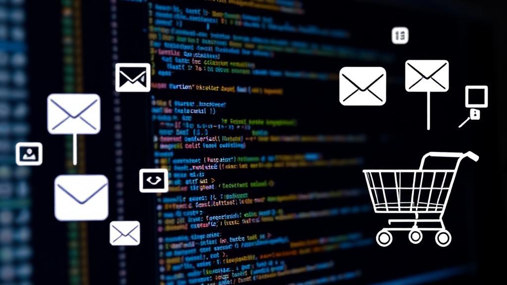 A dynamic header image featuring a computer screen displaying lines of code, surrounded by icons representing various everyday tasks like emails, calendar, and shopping cart, symbolizing automation through programming.
