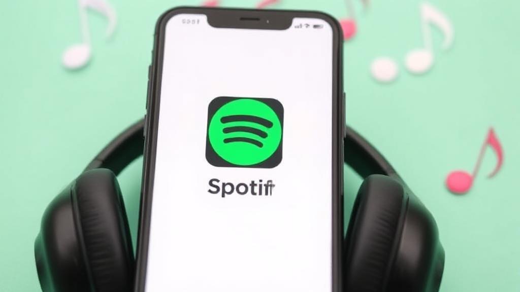 A smartphone displaying the Spotify app with a download icon, surrounded by musical notes and headphones.