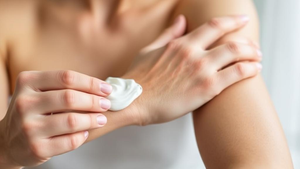 A serene image of a person applying a soothing cream to their arm, symbolizing relief and care in managing psoriasis symptoms.