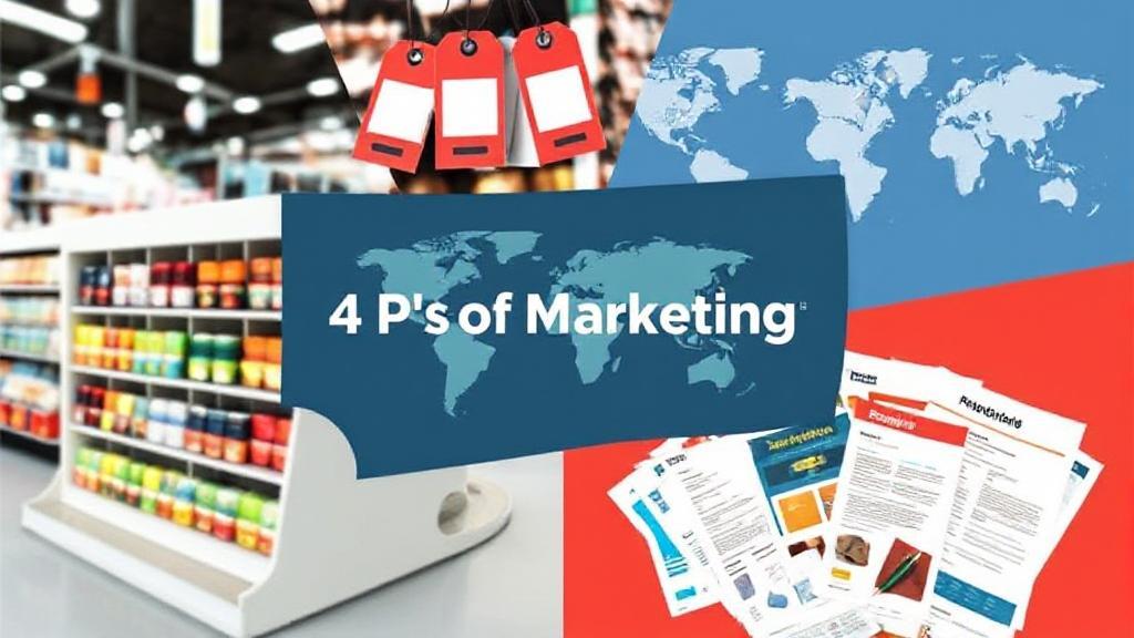 A dynamic collage featuring a product display, price tags, a world map, and promotional materials, symbolizing the interconnected elements of the 4 P's of Marketing.