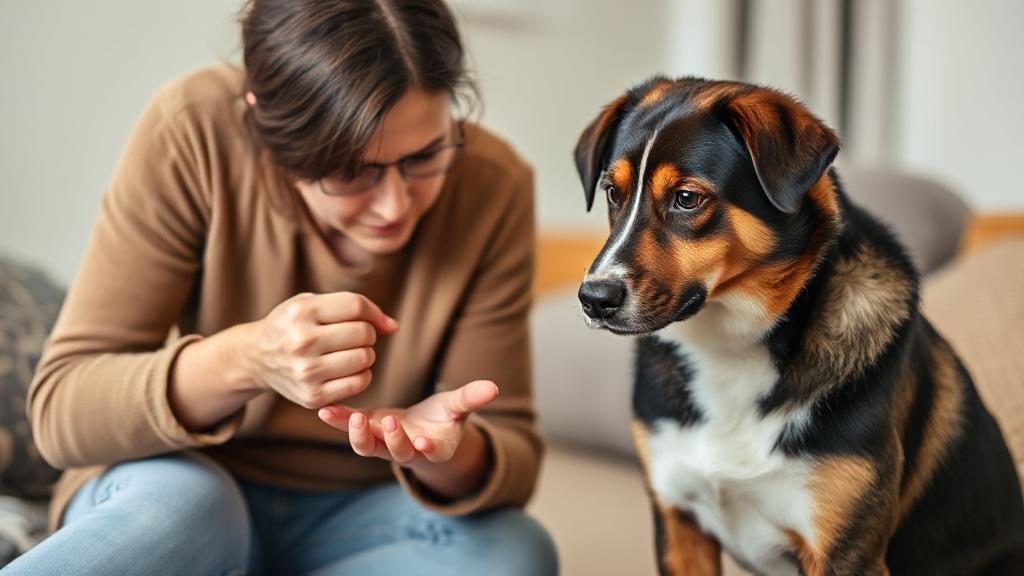 A concerned dog owner examines a small bite on their hand while their dog sits nearby, looking remorseful.