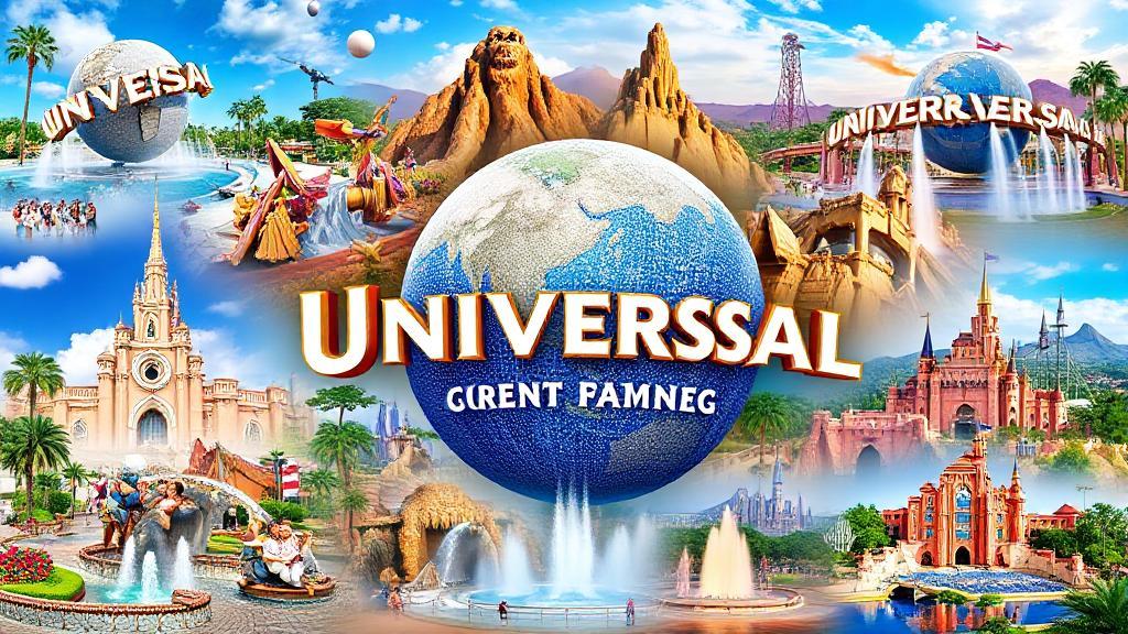 A vibrant collage of iconic attractions from Universal Parks around the world, showcasing thrilling rides, beloved characters, and stunning landscapes.