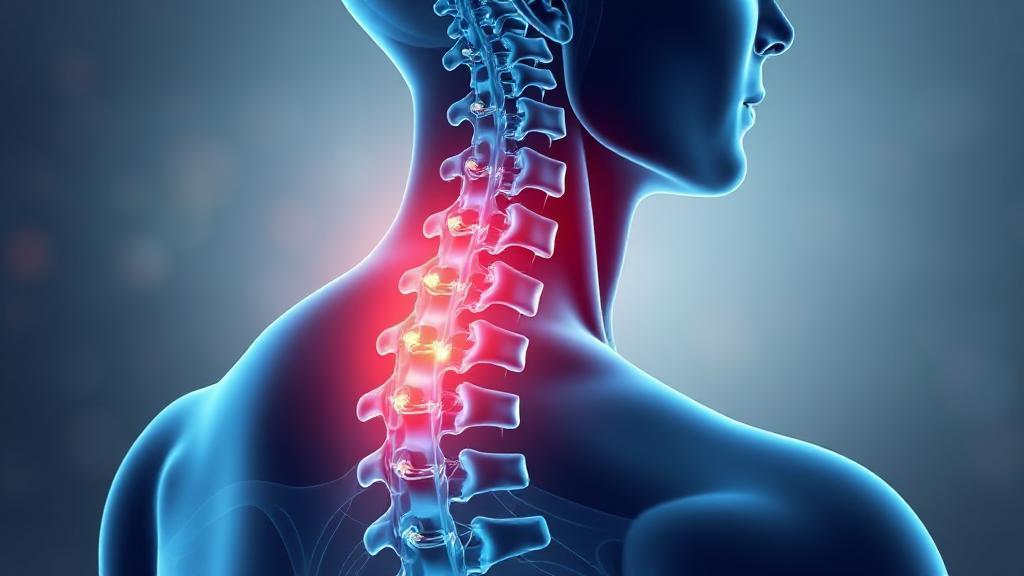 A detailed illustration of a human spine highlighting a pinched nerve with a soothing background to convey healing and recovery.