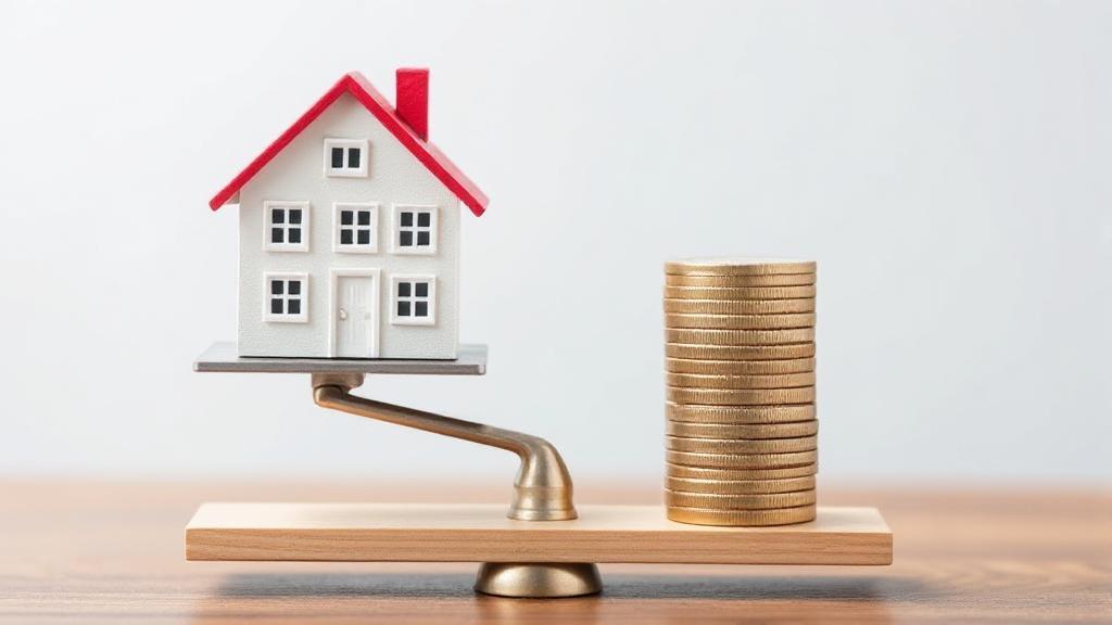 A balanced scale with a house on one side and a stack of coins on the other, symbolizing the evaluation of rental value.