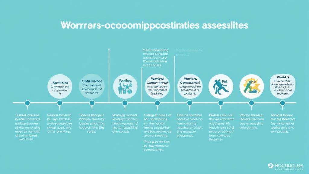 A visual representation of the timeline and factors influencing workers' compensation benefits in California.