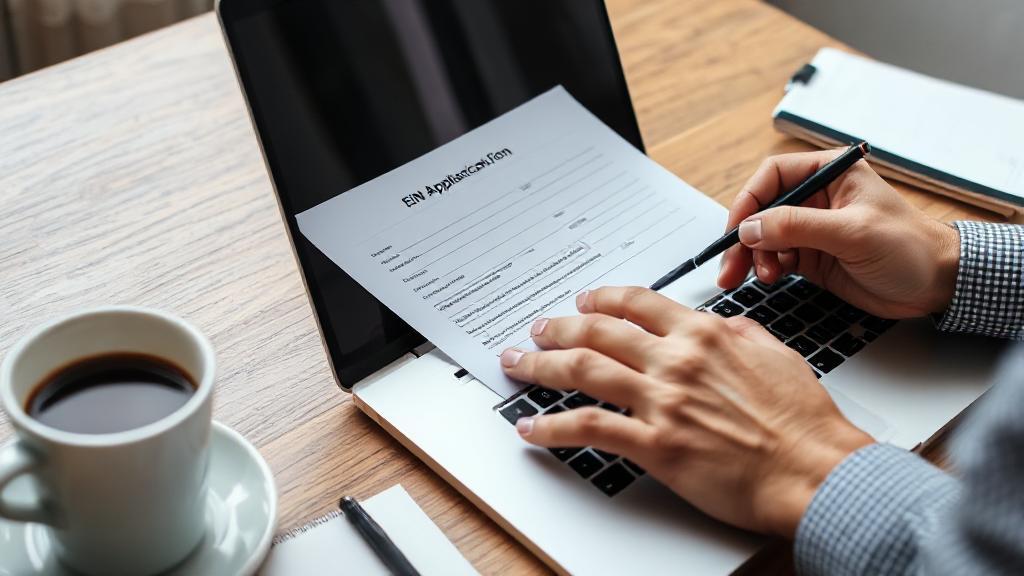 A close-up image of a business owner filling out an EIN application form on a laptop, with a coffee cup and notepad nearby.