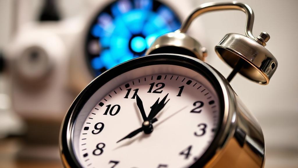 A close-up image of a clock with a laser eye surgery setup in the background, symbolizing the time aspect of a LASIK procedure.