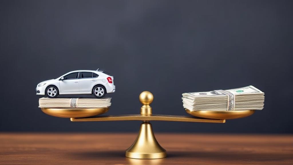 A balanced scale with a car on one side and a stack of dollar bills on the other, symbolizing the evaluation of auto insurance costs.