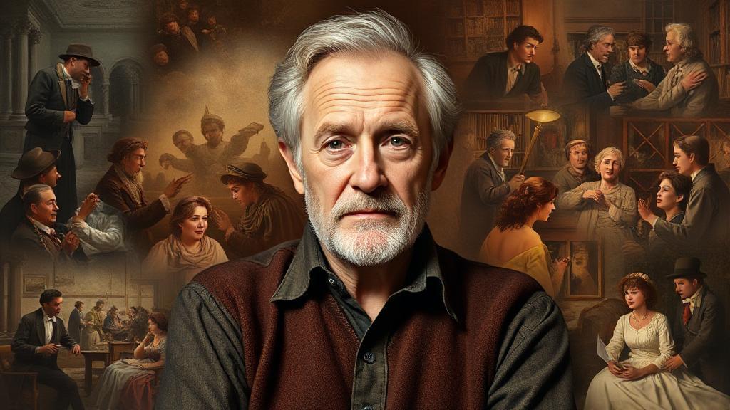 A portrait of playwright Will Arbery surrounded by scenes from his notable works, capturing the essence of his storytelling.