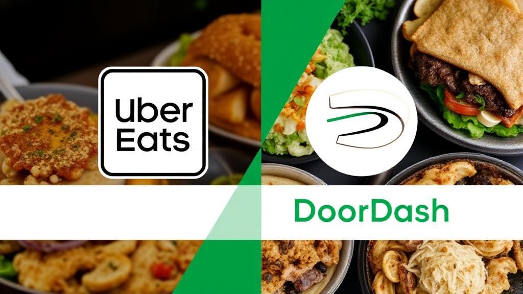 A split-screen image showing the Uber Eats and DoorDash logos with a background of diverse food items being delivered.