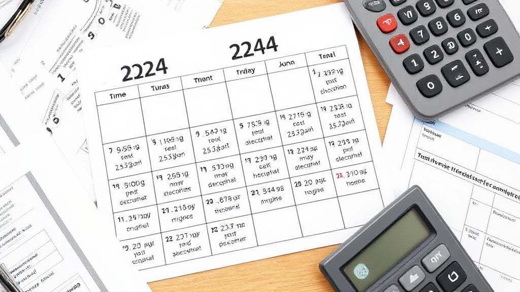 A calendar marked with key tax payment dates for 2024, surrounded by financial documents and a calculator.